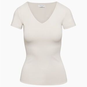 Aritzia Contour V-Neck Hip T-Shirt in Matte Pearl - Women's Cream V-Neck Top
